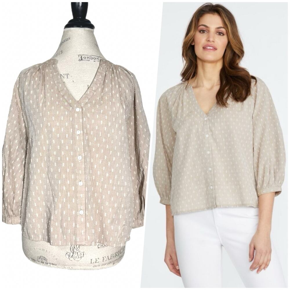 Badgley Mischka | Women | Sand Swiss Dot Cotton Puff Sleeve Blouse Top | Medium